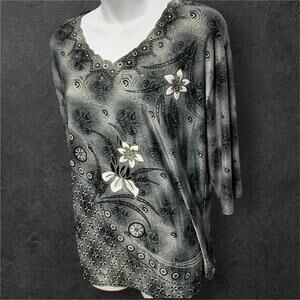 Grey floral print V-neck tunic blouse with glitter flower embellishments